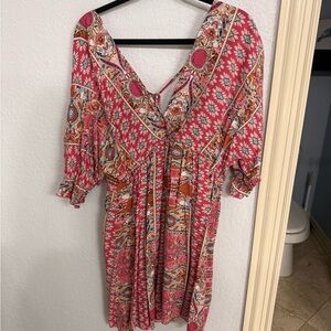 Pink Floral Paisley Print Boho Mini Dress